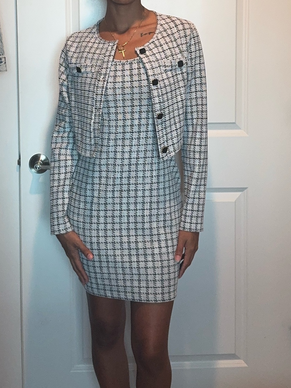 Checked Two-Piece Mini Dress Set in Light Gray